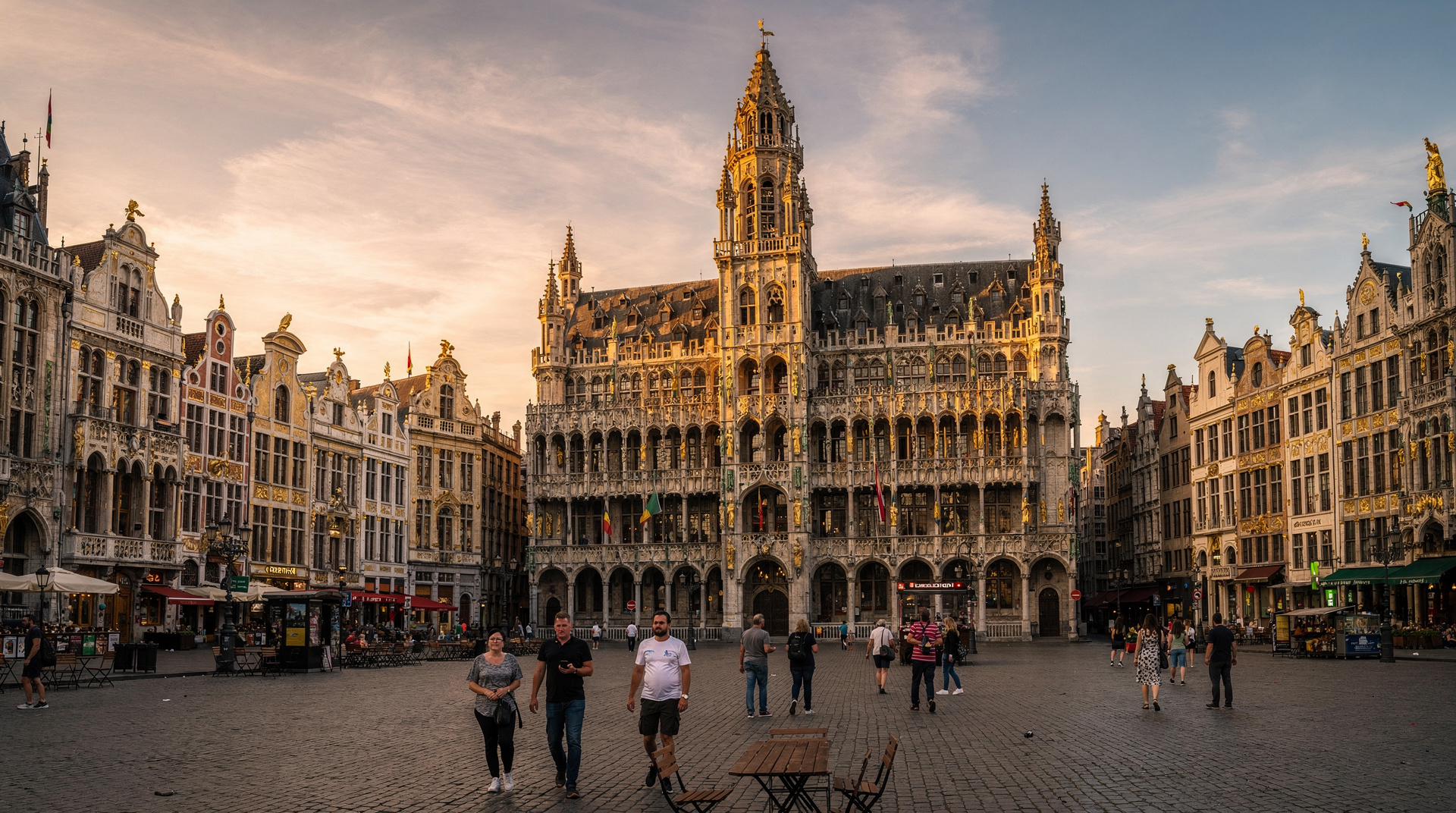 Der Grand-Place in Brüssel im goldenen Abendlicht mit den vergoldeten Zunfthäusern und dem Turm des Rathauses
